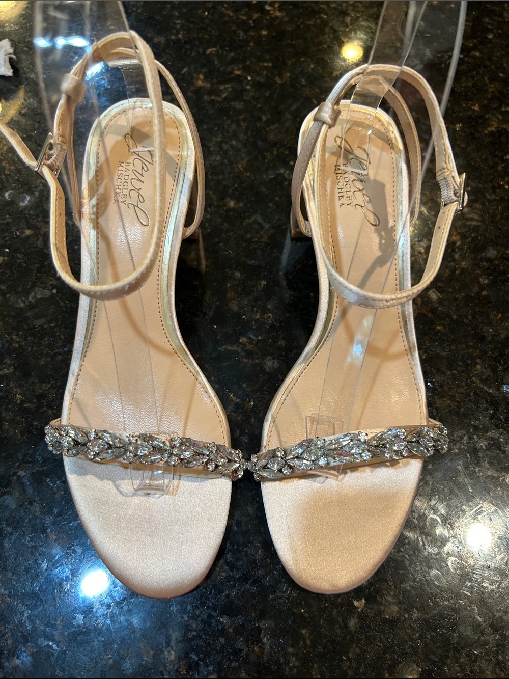 Jewel by Badgley Mischka Blush Satin Crystal Strap Sandals